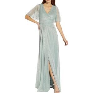 Adrianna Papell Metallic Mesh Draped Gown 24W Sea Glass